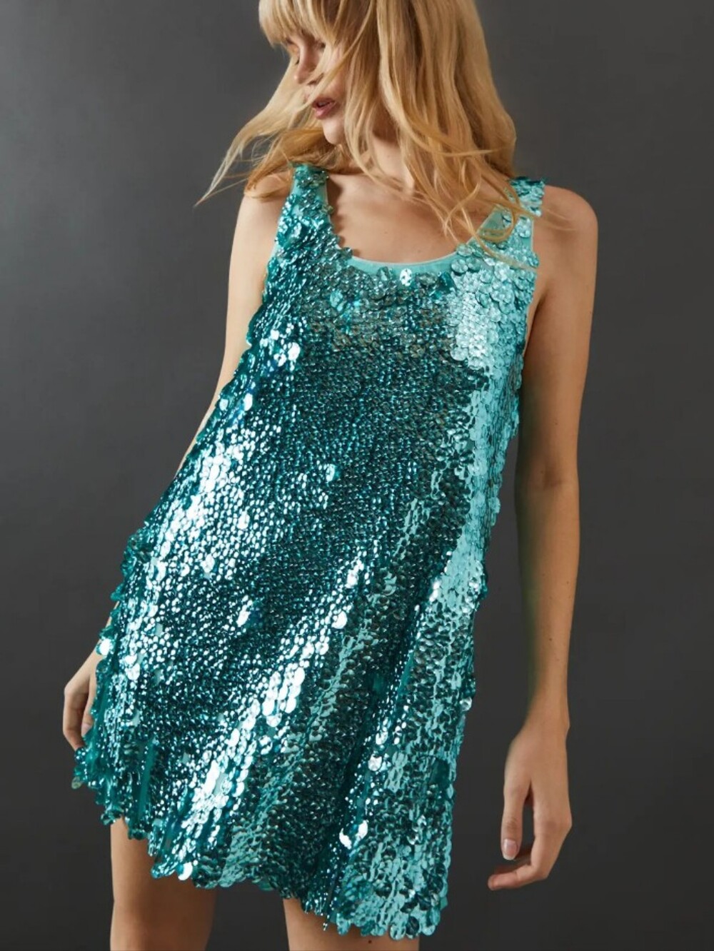 Warehouse Premium Holographic Sequin Mini Dress In Turquoise 🩵